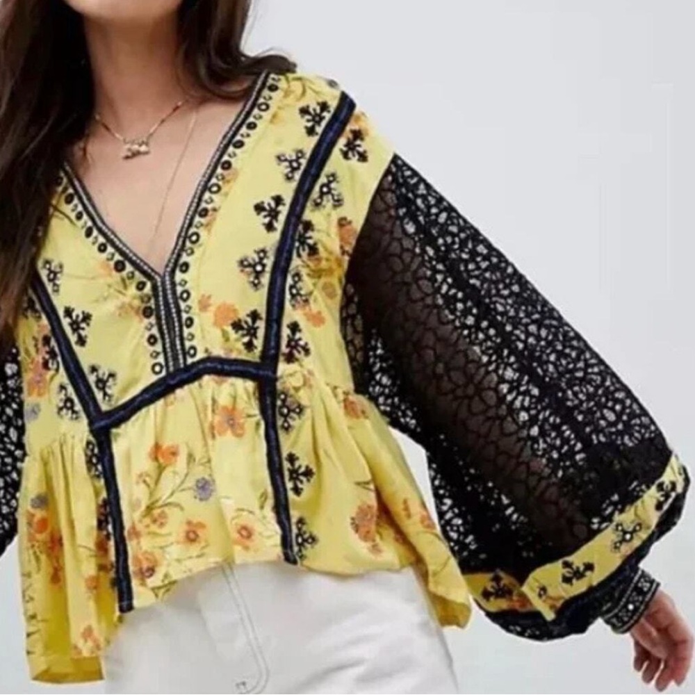 Free People Boogie All Night Balloon Sleeve Yellow and Black Lace Blouse Mirror